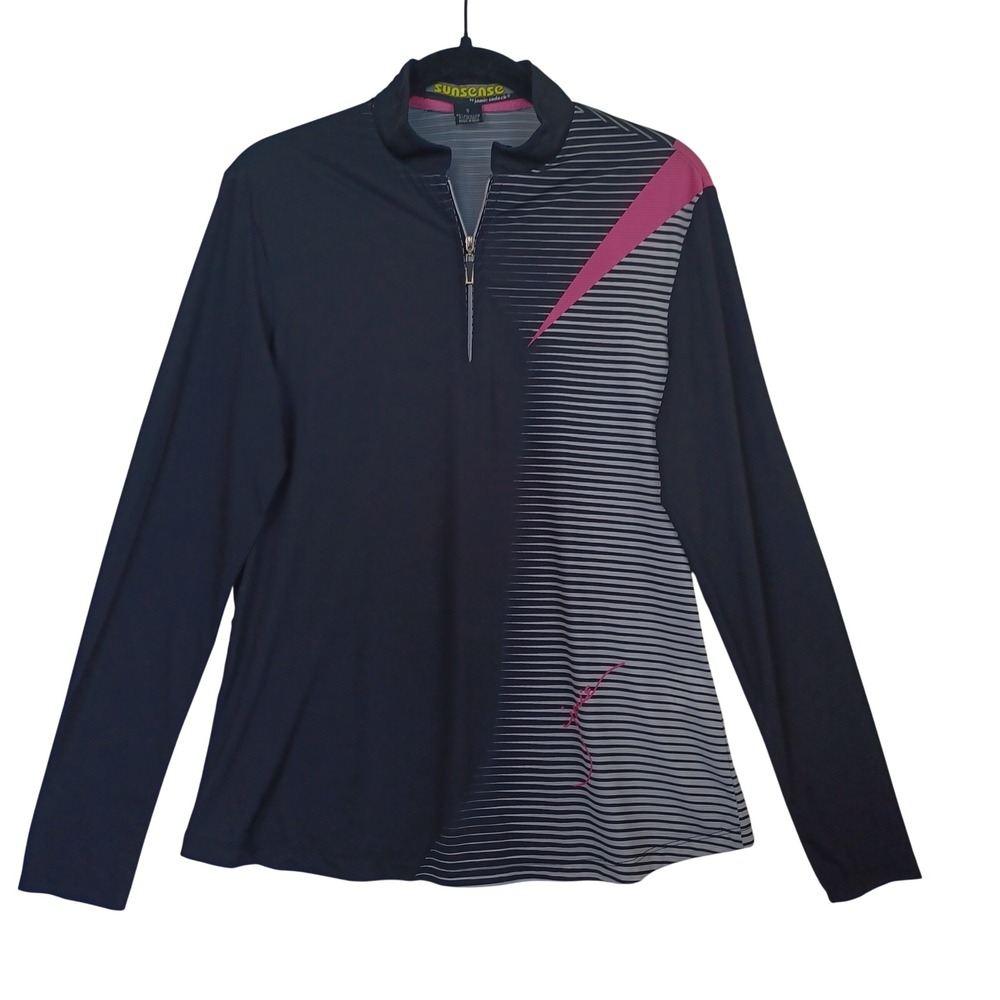 Jamie Sadock Sunsense Womens Small Black Pink Stripe Quarter Zip Long Sleeve Top